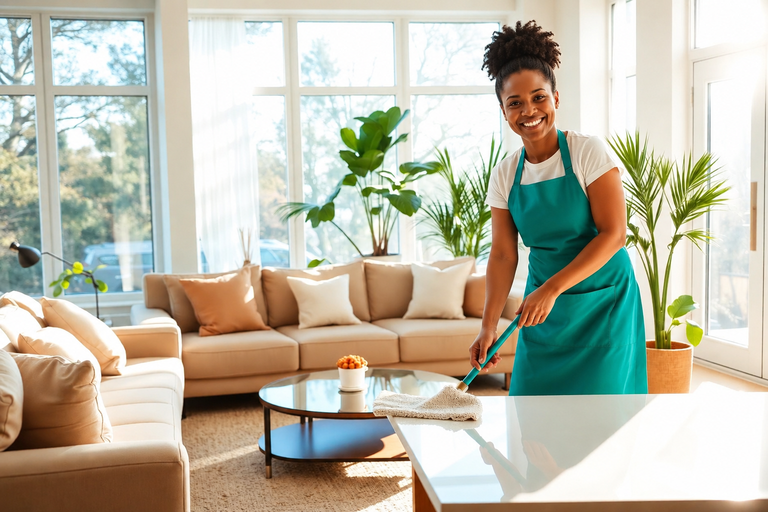 Your company team member making a bright living room spotless